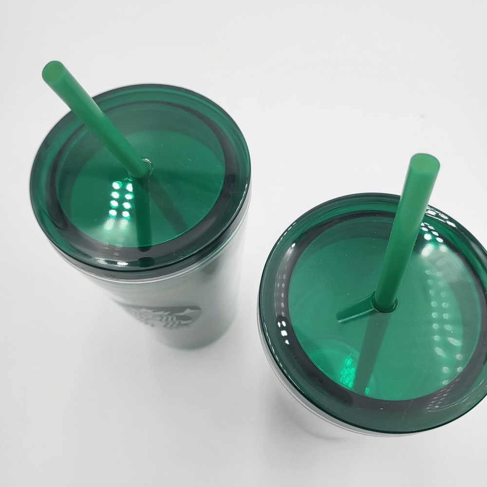 (2) Starbucks Coffee Solid & Gradient Green 16oz Cold Cups Tumblers w/lid, straw - Picture 3 of 5